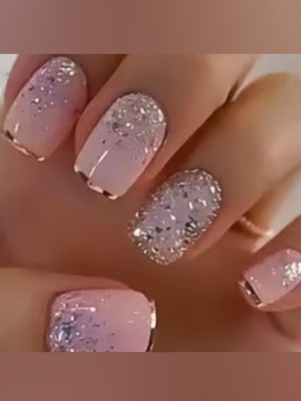 Pink With Silver Glitter Gold French Tip Press On Nails